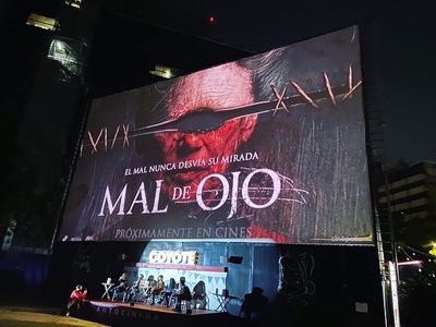 Isaac Ezban presenting his fourth film MAL DE OJO at a special screening on Autocinema Coyote (Mexico) with actors Paola