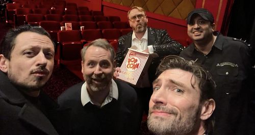 From left to right, Vincent V. Gelsomino, Adam Werth, Greg Tally, John Wells and Sonny Mahal at the red carpet premiere 